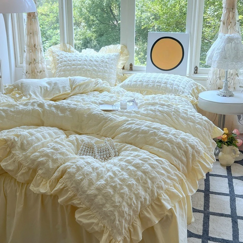 Japanese Seersucker Queen Quilt Cover Set 3/4 Pcs Soft Washed Bedding Set with Duvet Cover Sheet and Pillowcase Skin-friendly