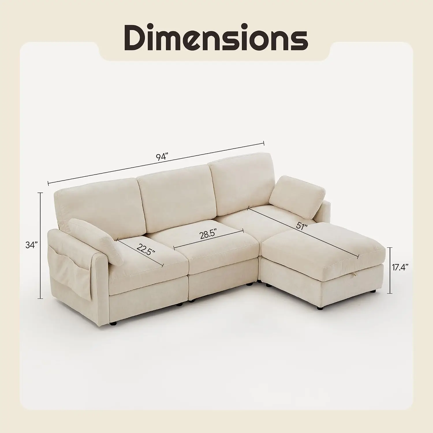 Modular Cloud Sectional Sofa 3 Seater Ottoman 94