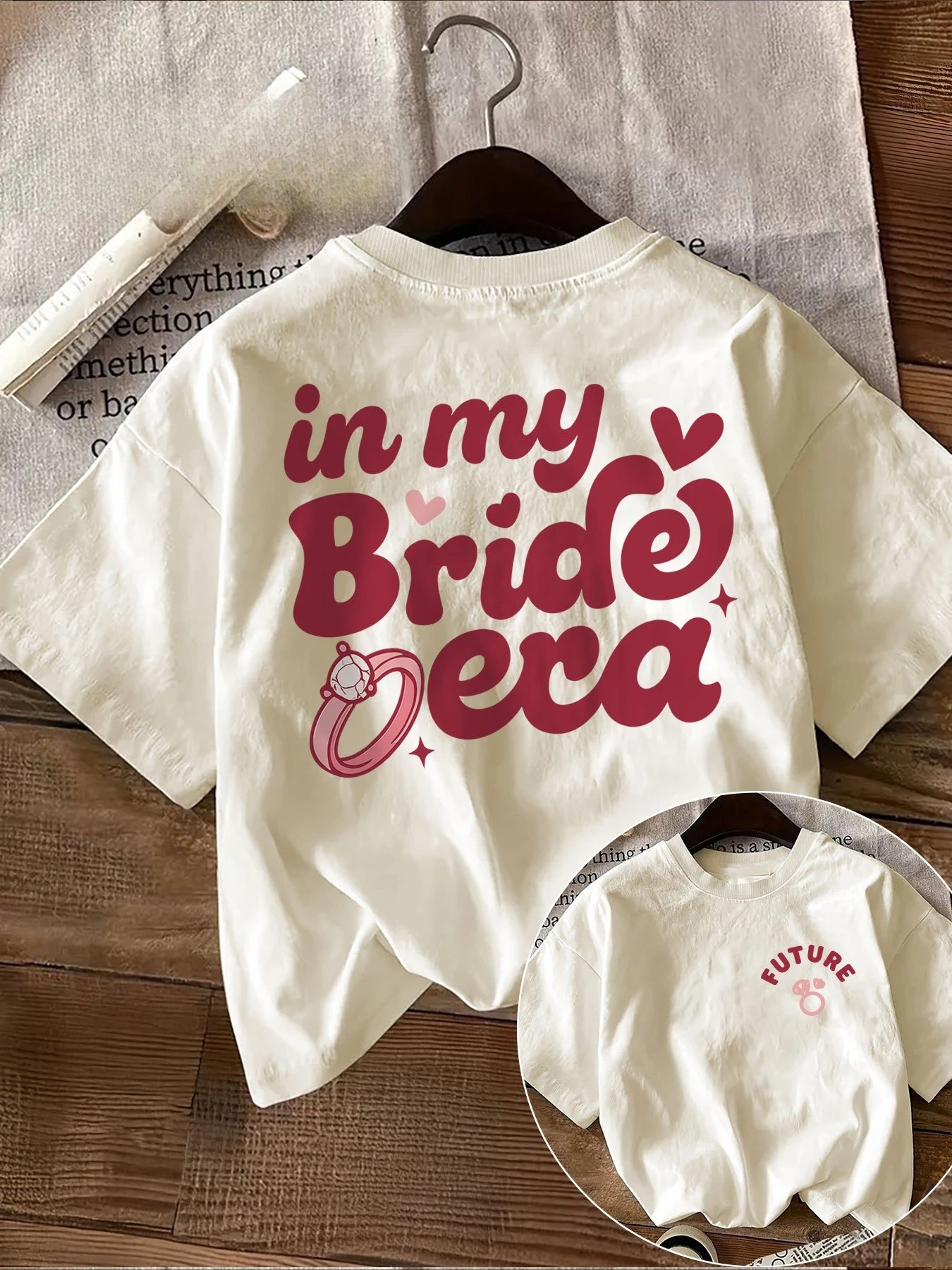 Double-Sided Printed Fashion Spring and Summer Featuring Cartoon Style The Text 'In My Bride Era' on A Round-Neck Pure Sleeve