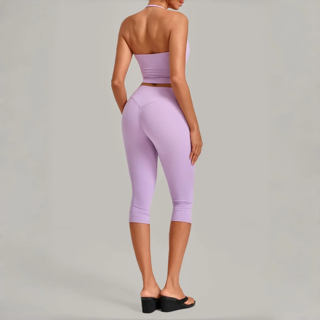 New Women's Yoga Set Peach Hip High Elasticity Neck Tank Vest Cropped Pants Sports Fitness Set Running Workout Gym Yoga Suit