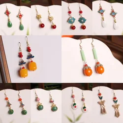 Retro Jade Agate Pendant Earrings for Women Inlay Enamel Flower Pattern Traditional Chinese Luxury Wedding Jewelry Ethnic Gifts