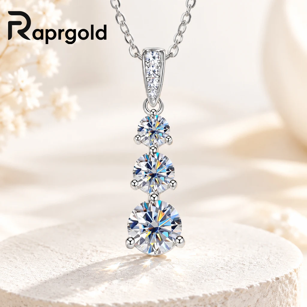 RAPRGOLD GRA Certified 3-Stone 6.5mm/5mm/4mm Moissanite Graduated Drop Pendant Necklace 925 Sterling Silver Fine Jewelry Women