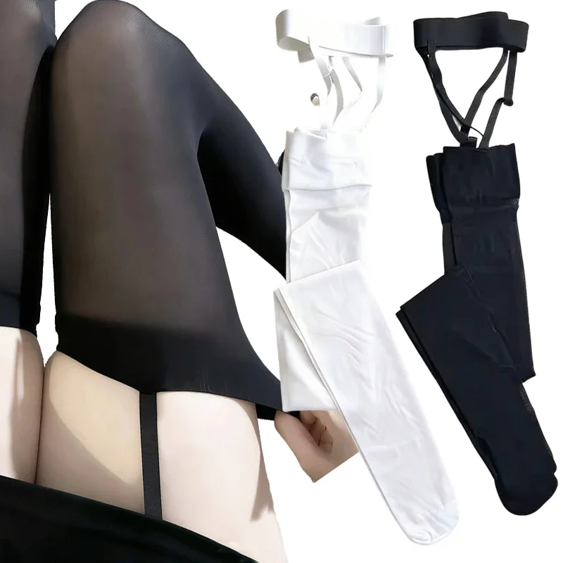Women Suspender Thigh High Stockings Velvet Thin Black White Irregular Japanese Style Knee High Socks