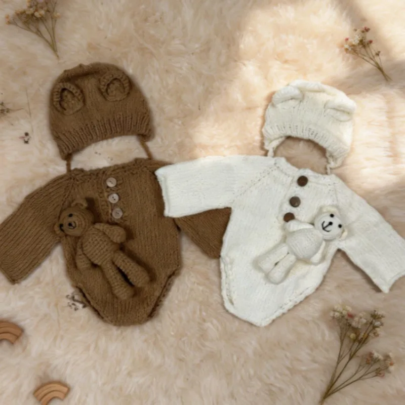 Accesorios de Fotografía para Bebés Recién Nacidos Tejidos a Mano, Bonito Conjunto de 3 Piezas con Tema de Oso, Gorro, Mameluco y Juguete, Atuendos para Sesiones de Fotos en Estudio Infantil