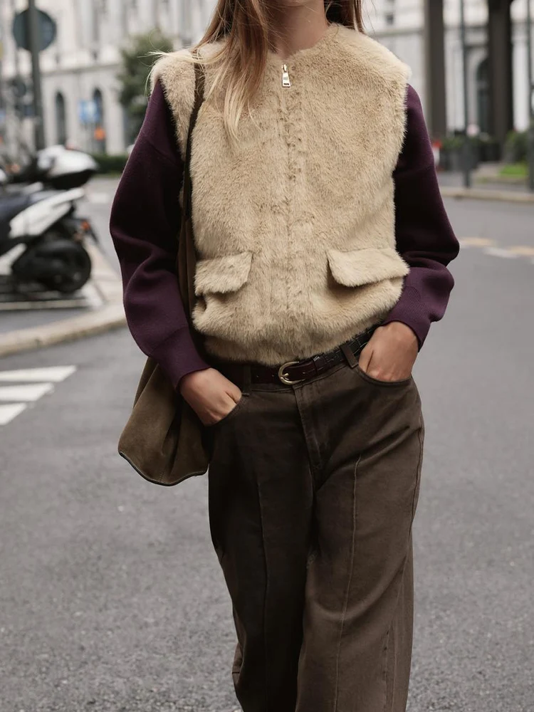 

Европейский и американский стиль, осенне-зимняя новая модная женская одежда с клапаном и карманом, круглым вырезом, без рукавов, на молнии из искусственного меха