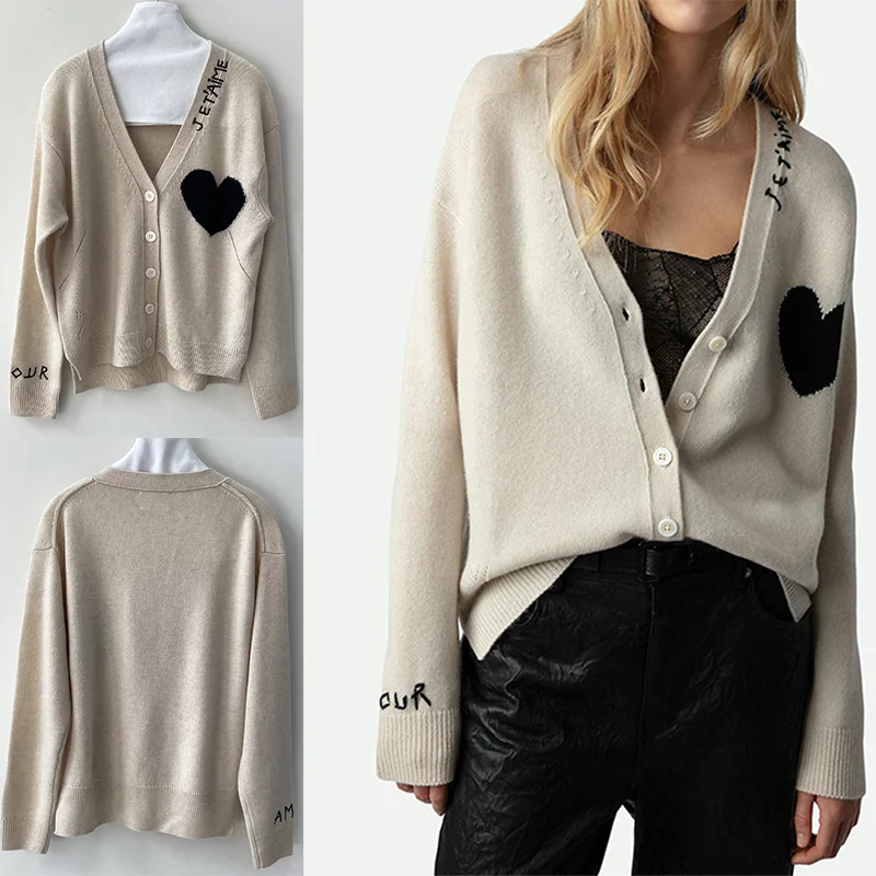 

Women Beige Cardigan Long Sleeve V-Neck Sweater Female Love Letter Embroidery Sweaters Lady Button Thin Jumper Casual Winter Top