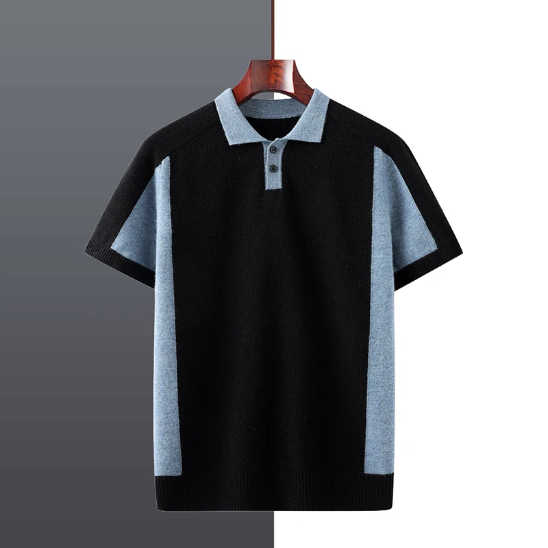 MVLYFLRT Men's 100% Merino Wool Polo Shirt Short Sleeve Color Block Casual Pullover Y2K Fashion Spring/Summer 2026 T-shirt
