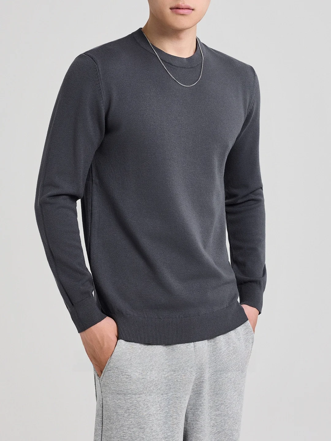 ملابس تريكو دائرية للرجال لون نقي تصميم بسيط كاجوال طويل Sve لموسم الخريف مزيج بوليستر مريح #2