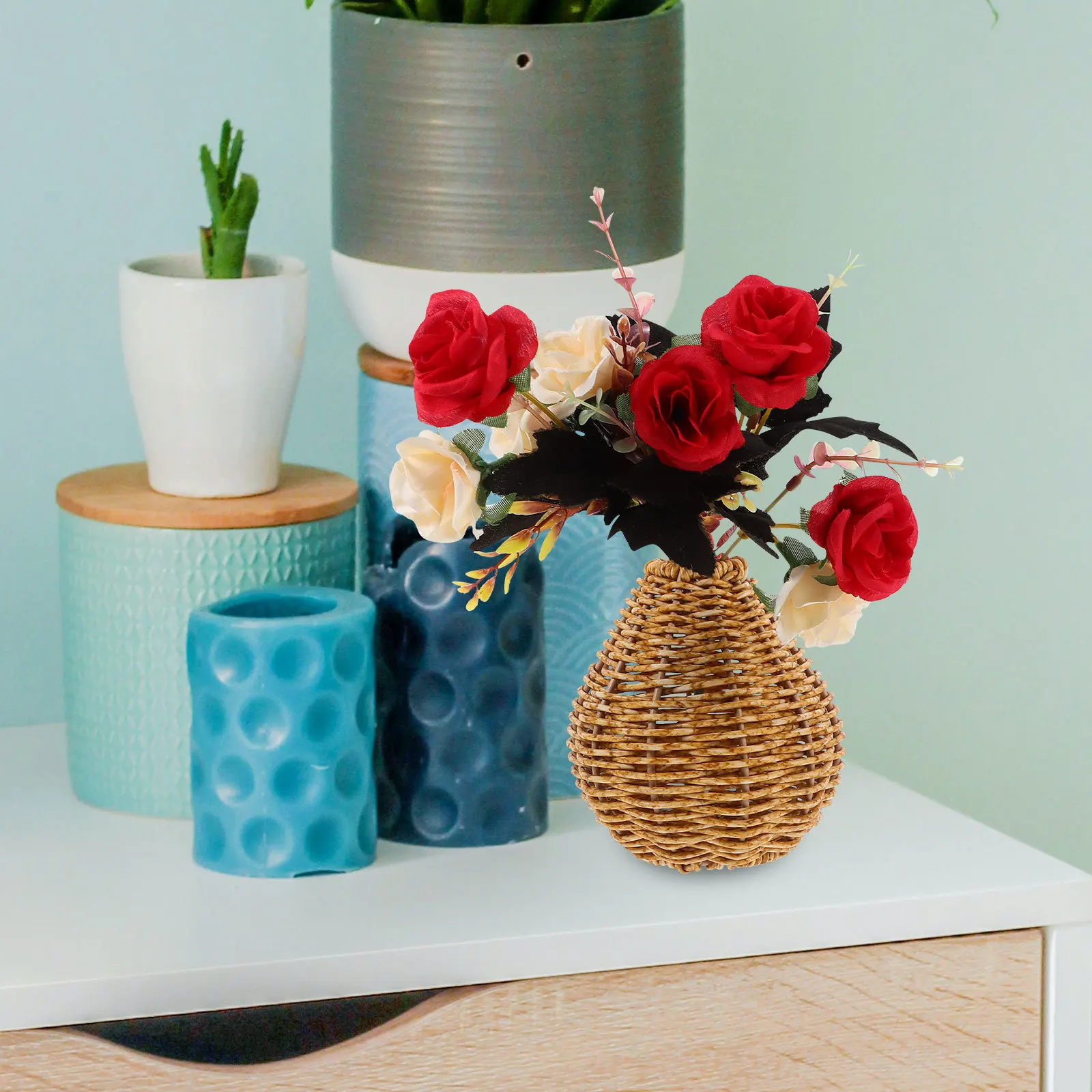 

Rustic Woven Flower Vase Imitation Rattan Decorative Vase for Home Office Dried Flower Container Table Desktop Decoration