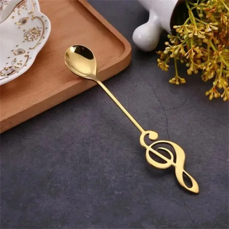 8Pcs Musical Note Shaped Stainless Steel Spoon Long Handle Golden Stirring Spoon for Coffee Dessert Bird's Nest Bar Kitchen view 5