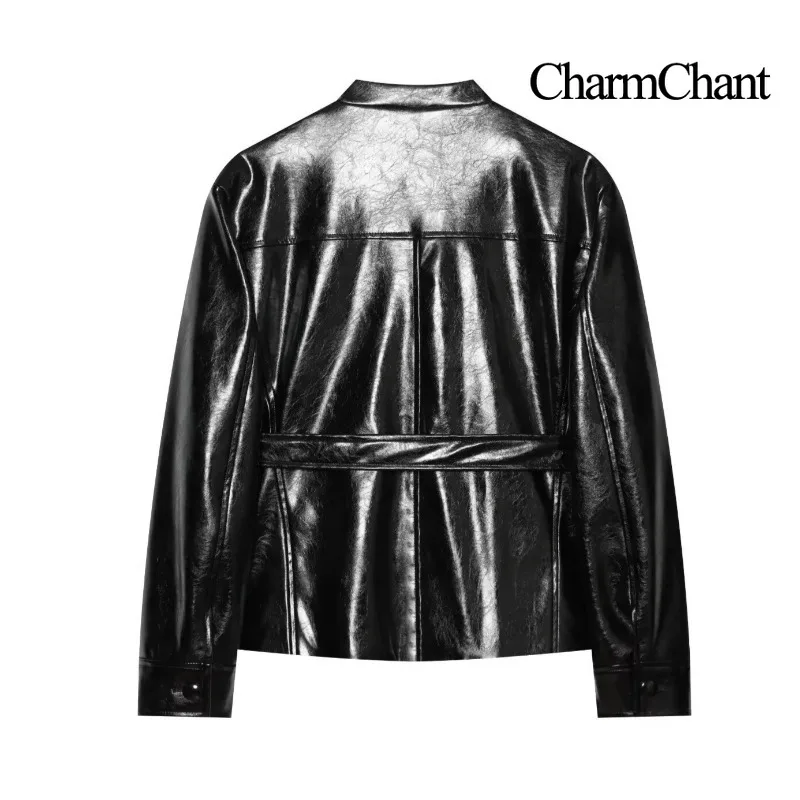 CHARMCHANT Women's Stand Collar Faux Leather Jacket Belted Waist Cargo Pocket Short Moto Coat Vintage Outerwear Fall 2026