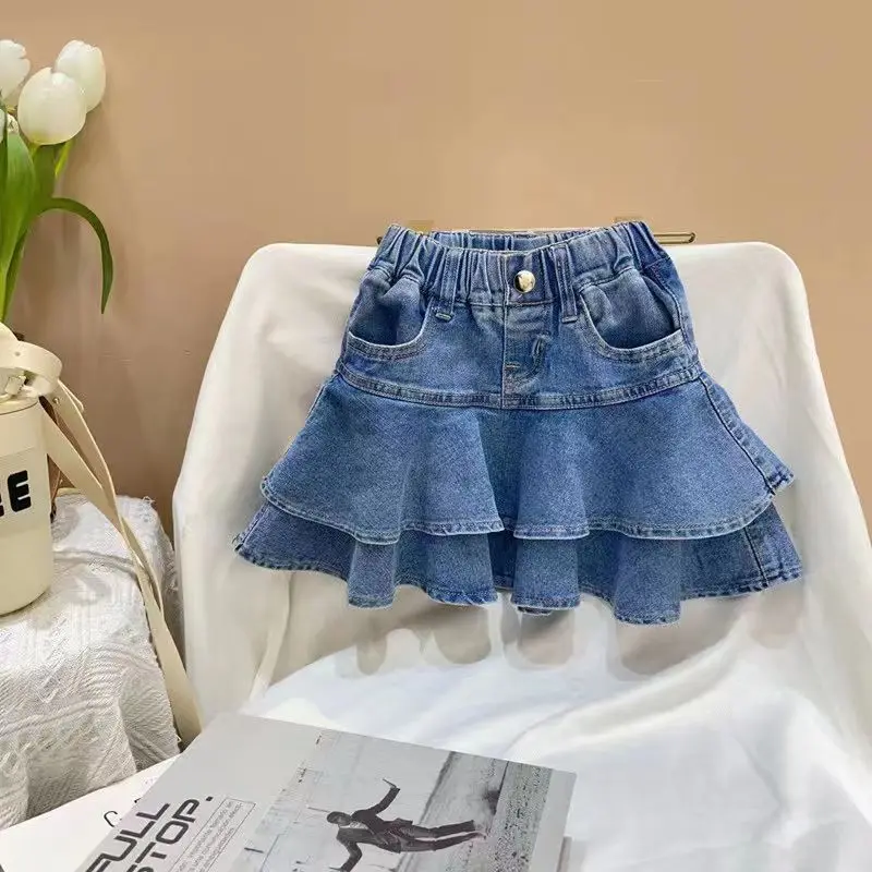 

Kids Girls Denim Short Skirt Spring New Korean Edition Childrens Fashion Ruffled Half Skirt Middle And Small Childrens Denim