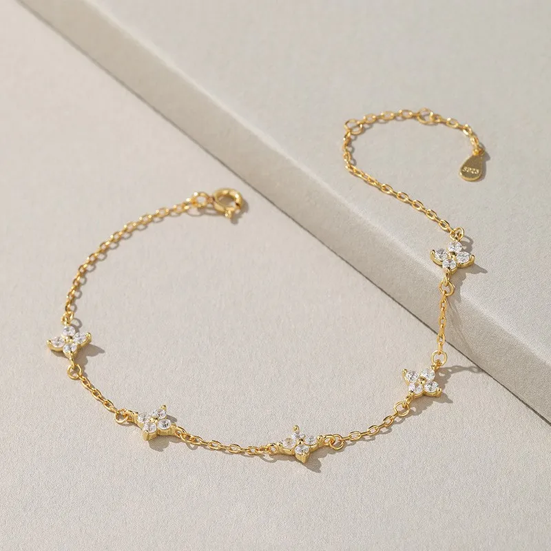 CCFJOYAS-pulsera de plata de ley 100% 925 para niña, brazalete minimalista de circonita con flores, chapado en oro de 18k, joyería fina