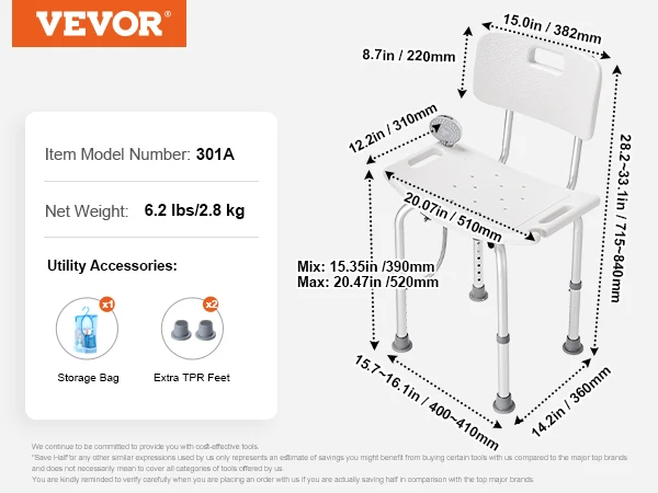 VEVOR Shower Chair Shower Seat with Back Adjustable Height Shower Stool Shower Chair for Inside Shower Bathtub Non-slip Chair