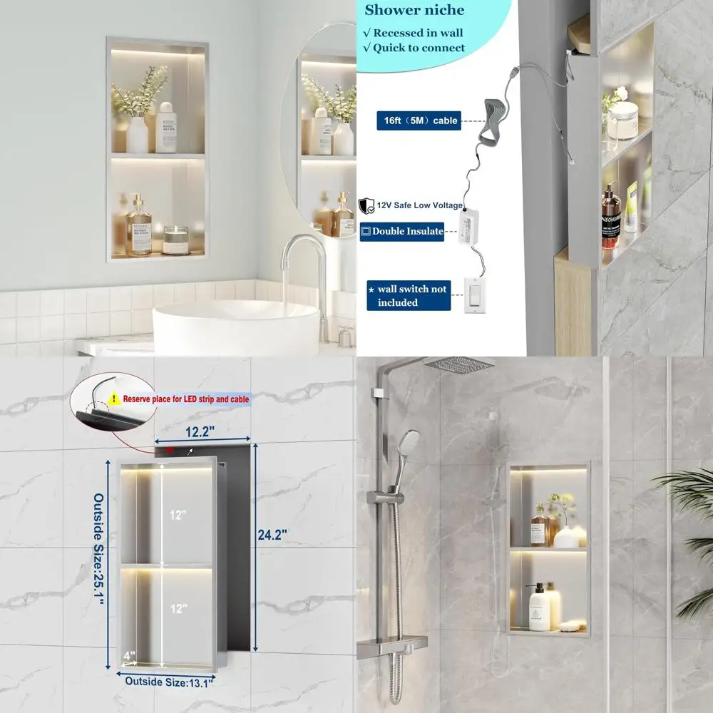 

Two-Tier 12x24 Inch Recessed Wall Niche with LED Lighting, Brushed Stainless Steel Shower Cabinet, Bathroom Shelf