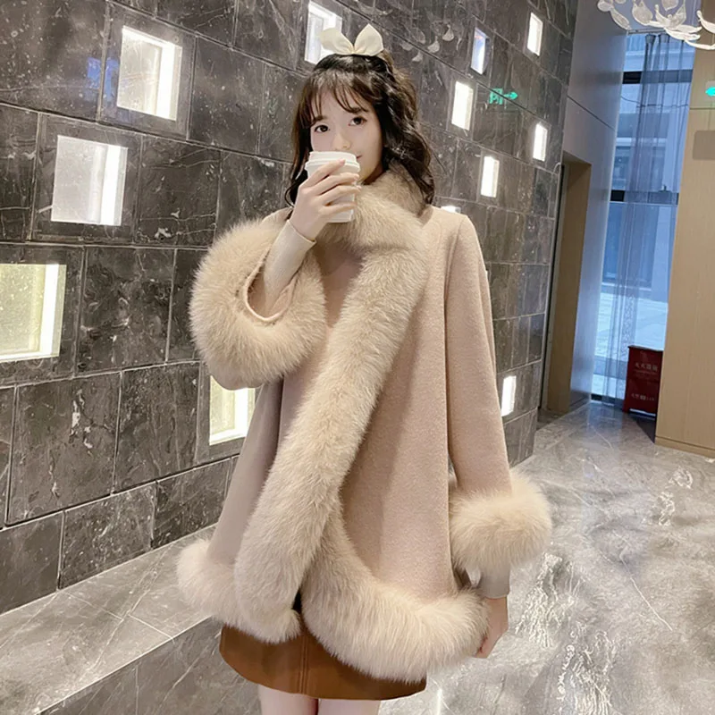 New Autumn Winter Imitation Fox Fur Shawl Women Overcoat Loose Length Double-Sided Woolen Cloak Thicke Coat Female Outwear Parka