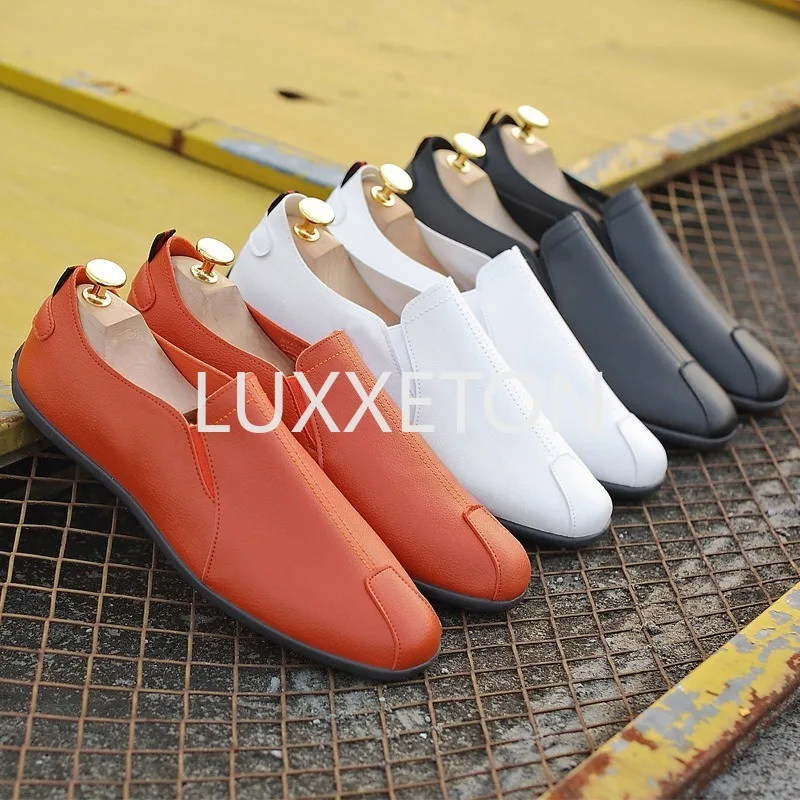 Men Leather Casual Shoes Spring New Fashion Leather Moccasin Comfortable Driving Orange Casual Leather Shoes Free Shipping