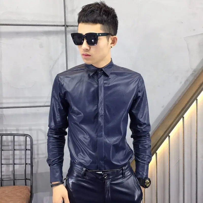 S-6XL 2024 New Men\'s Clothing Hair Stylist GD High Quality PU Fashion Slim Leather Shirt PLUS SIZE Singer Costumes