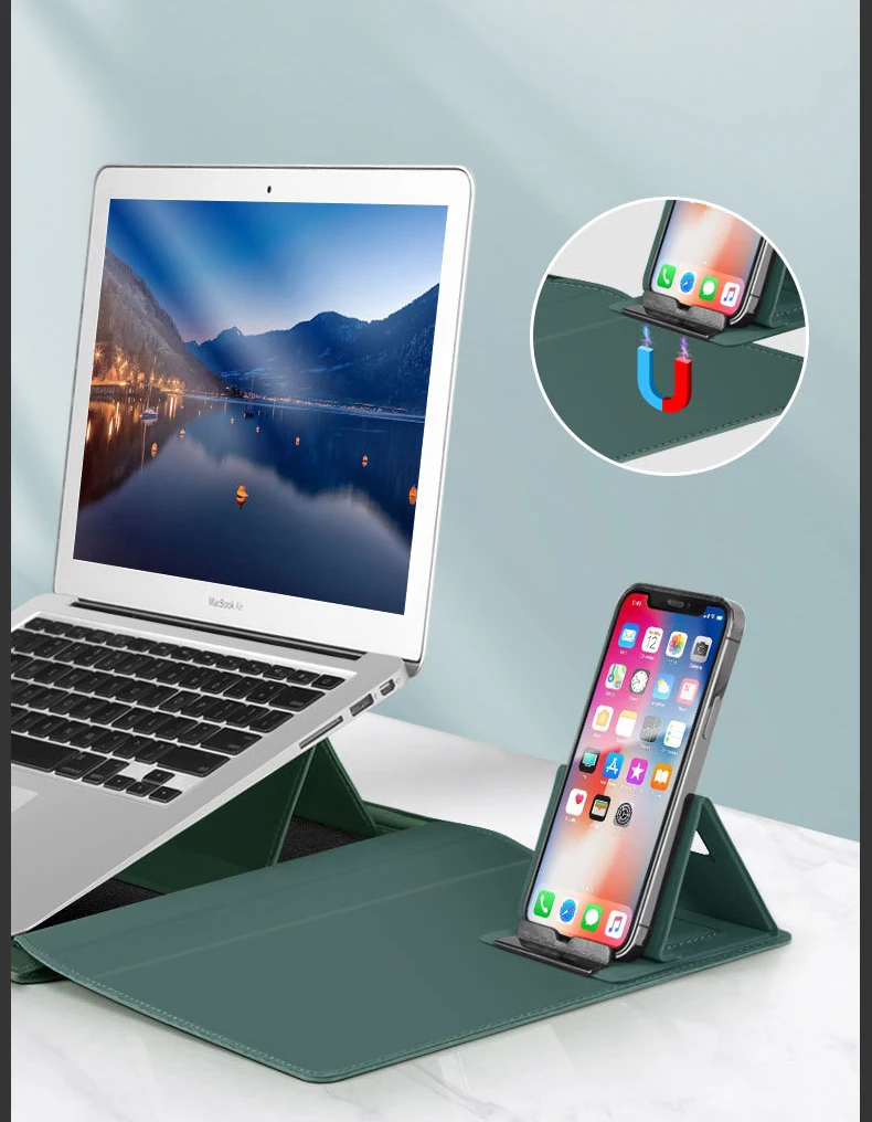 Laptop Holder Case for MacBook Pro Air 16 15.4 13.3 12 11 Bag PU Leather Sleeve Detachable Notebook Cover with Phone Holder