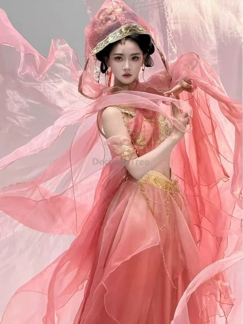 Pink Mermaid Princess Chinese Dunhuang Style Hanfu Western Girl Exotic Dress Embroidery Fairy Cosplay Stage Performance Outfit