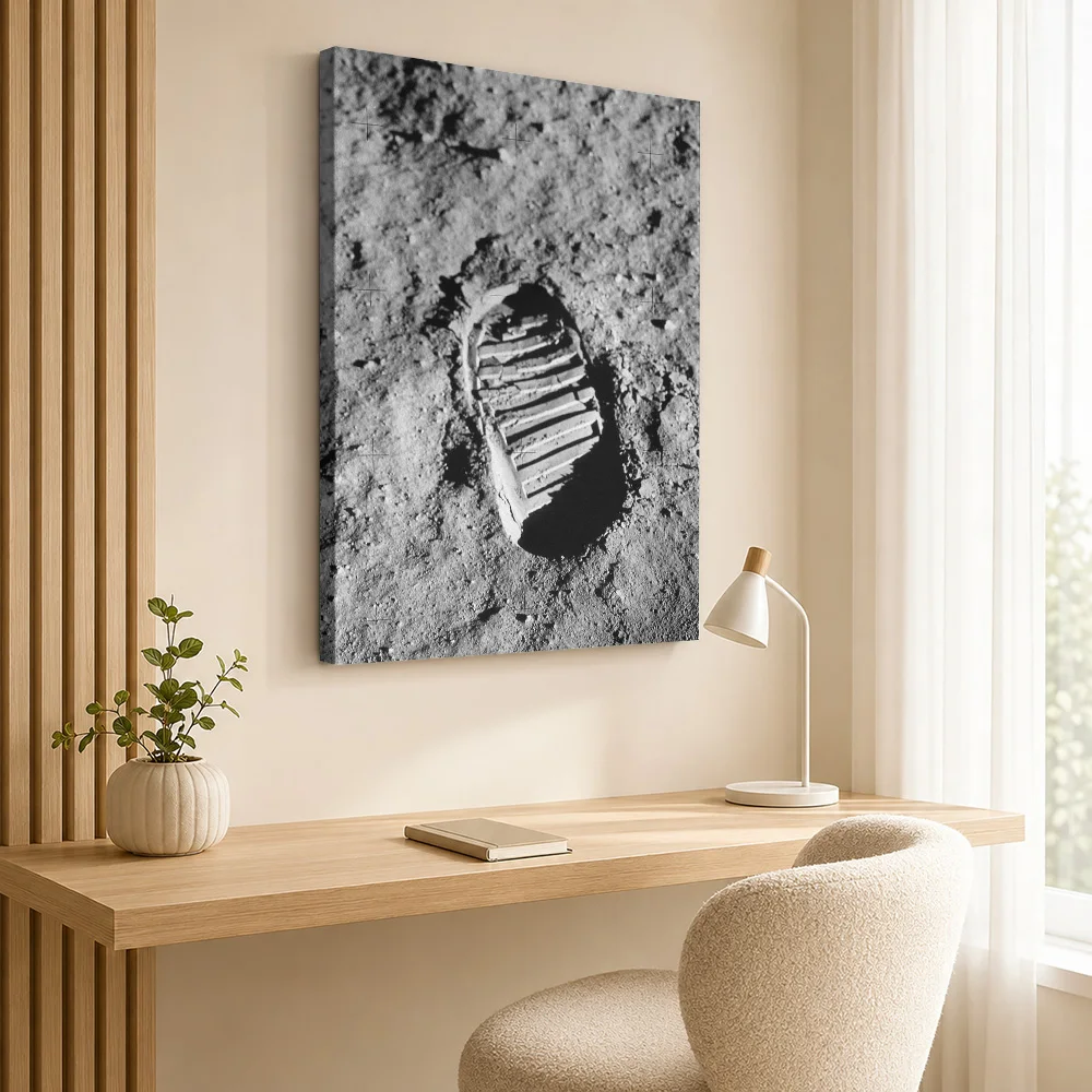 Lunar Footprint Space Exploration Canvas Print With Wooden Frame Personalized Photo Classic Monochrome Detail Wall Art For Study