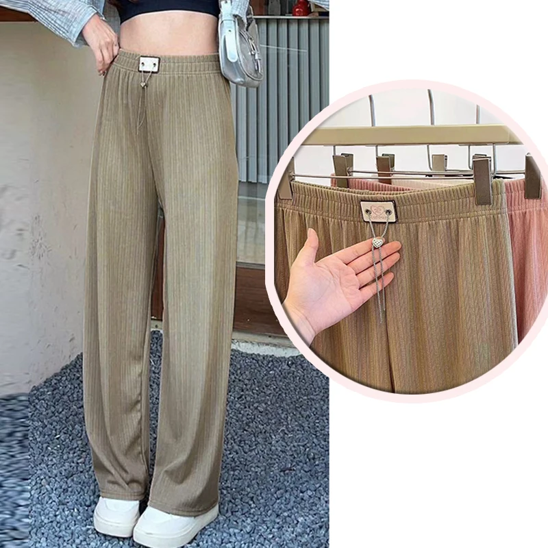 R Heart Chain Winter New Straight High Waist Casual Pants For Women Solid Wide Leg Pants Elastic Waist Trouser Ankle-Length Pant