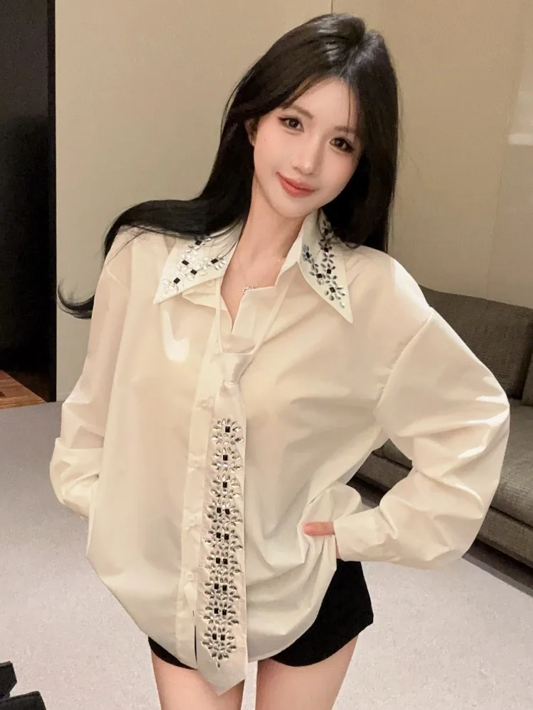 

Korean Style Loose Long Sleeve Short Shirt Glitter Rhinestone Collar Pure Color Spring Autumn New Fashion Girlfriend Feeling ...