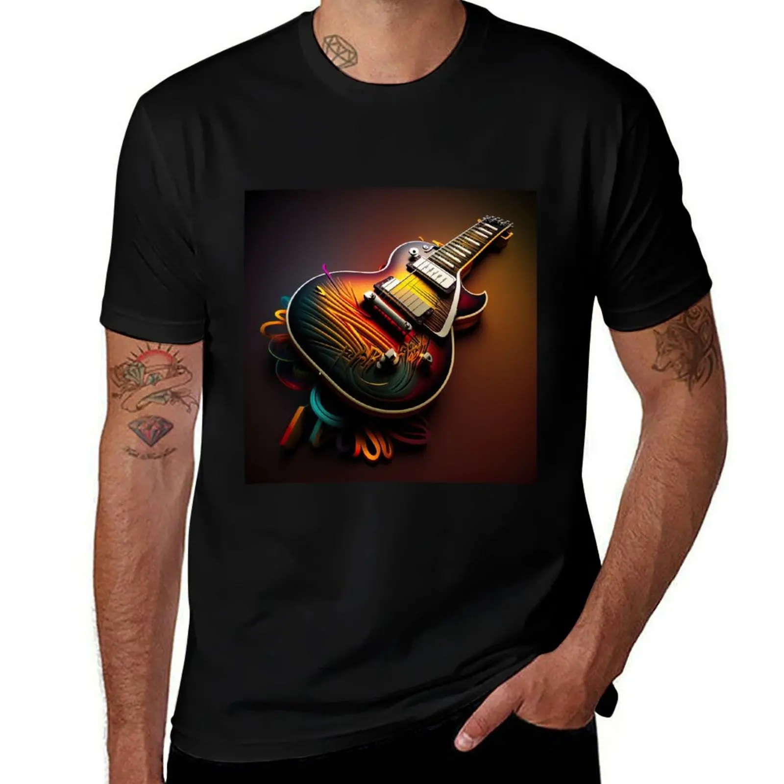 Neon Art Gibson Les Paul Guitar T-Shirt Breathable Basic Cotton T-Shirt