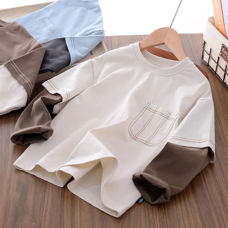 

4-13T spring autumn children kids boys fashion casual cotton patchwork long sleeve T shirt