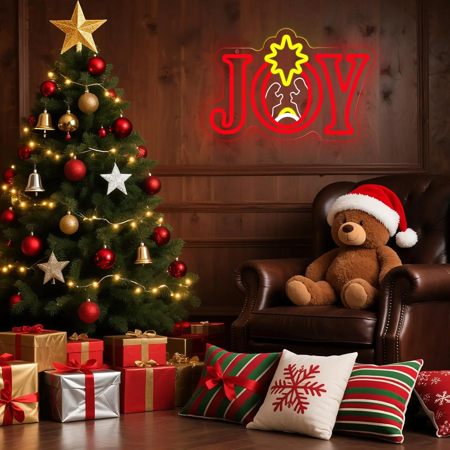 Christmas Neon Sign LED Joy Religious Neon Light Dimmable Joy Nativity for Window Xmas Home Bedroom Wall Tree Hanging Decor