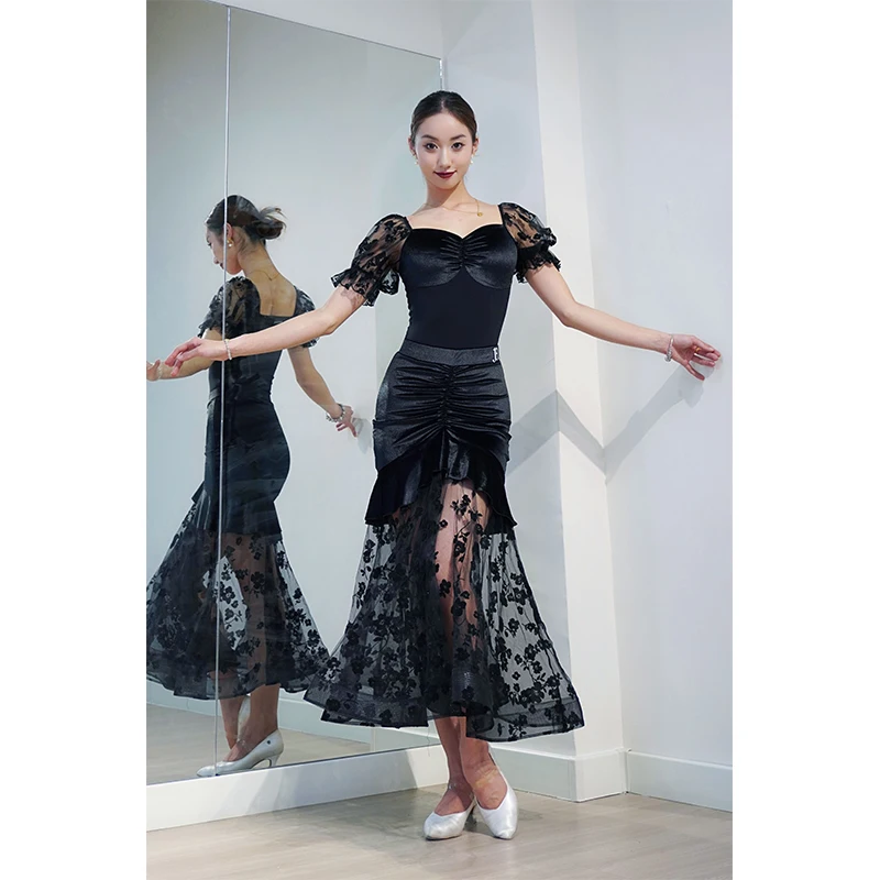 2024 Ballroom Dance Clothes Women Black Lace Mesh Veslvet Tops Skirt Waltz Dance Performance Costume Competition Dresses BL13497