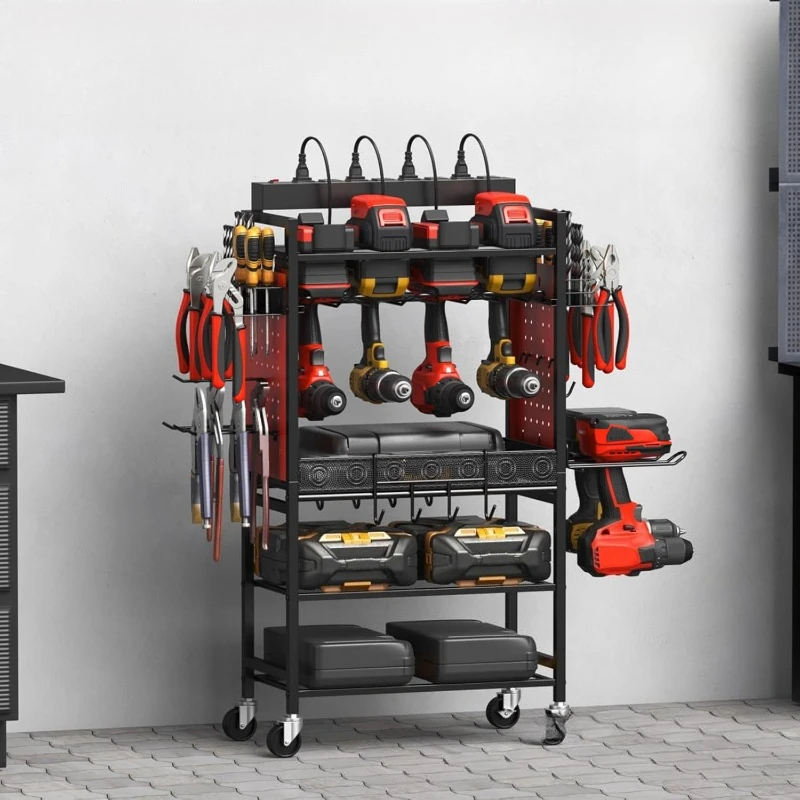 Electric drill tool storage cart with charging station, garage ground mobile wheeled storage cart with 6 drill bit toolboxes