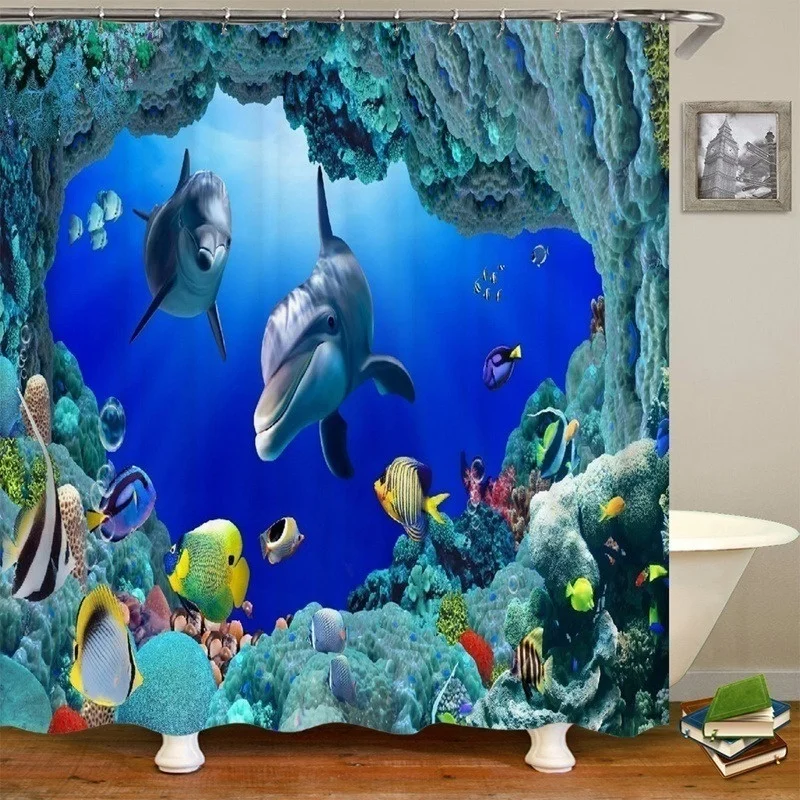 Dolphin Bathroom Waterproof Shower Curtain Set with 12 Hooks Polyester Washable Bath Non-Slip Mat Rugs Carpet Toilet Seat Cover