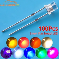3mm 2pins 100Pcs F3 Flat White Red Yellow Blue Green Pink Diode Led Wide Angle Light Emitting Diodes Lamp Ultra Bright LED Bulbs