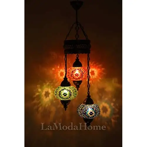 LaModaHome 35 + Unique Colors, 2020 Customizable Chandelier 3 Globes + Free 3 Bulbs, stunning Mosaic Turkish Lamp Moroccan Light