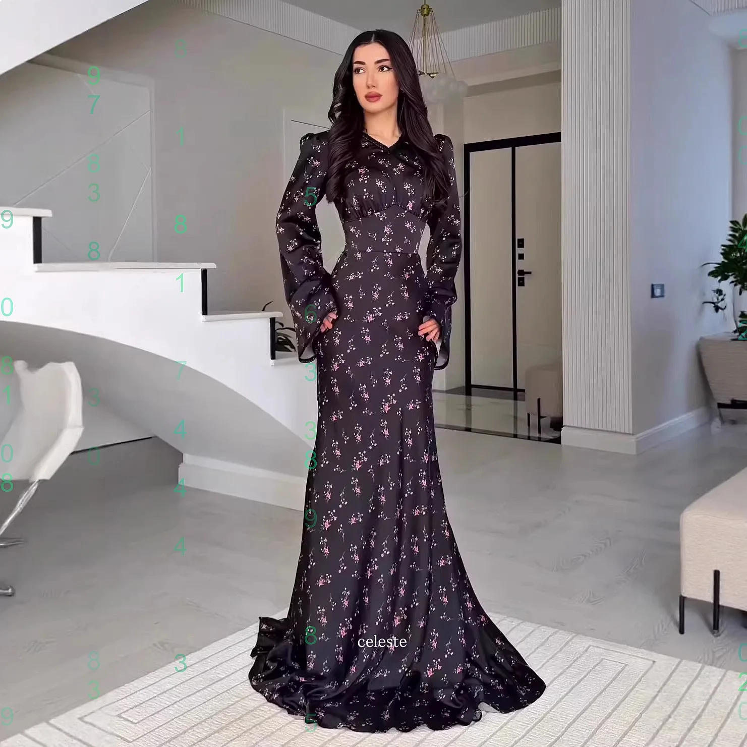 

Elegant V Neck Floral Print Long Sleeve Dresses for Women Satin Bodycon Long Dress Spring Summer