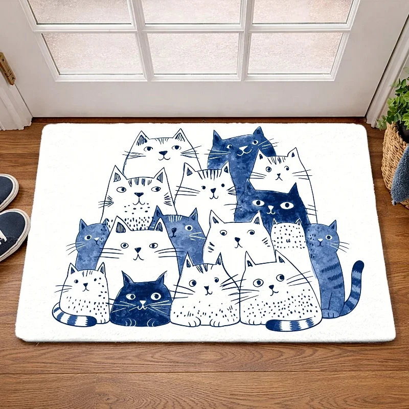 Adorable Blue Cat Doormat – Hand-Drawn Feline Pattern, Soft Microfiber, Non-Slip Machine Washable for Entryway or Bedroom