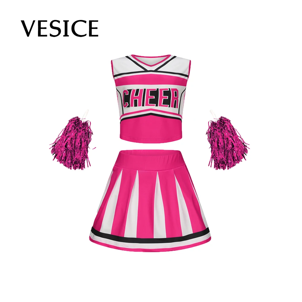 Kids Cheerleading Uniform Sleeveless Crop Skirt School Girls Dancewear Set Cosplay Costume Charming School Cheerleader Outfit