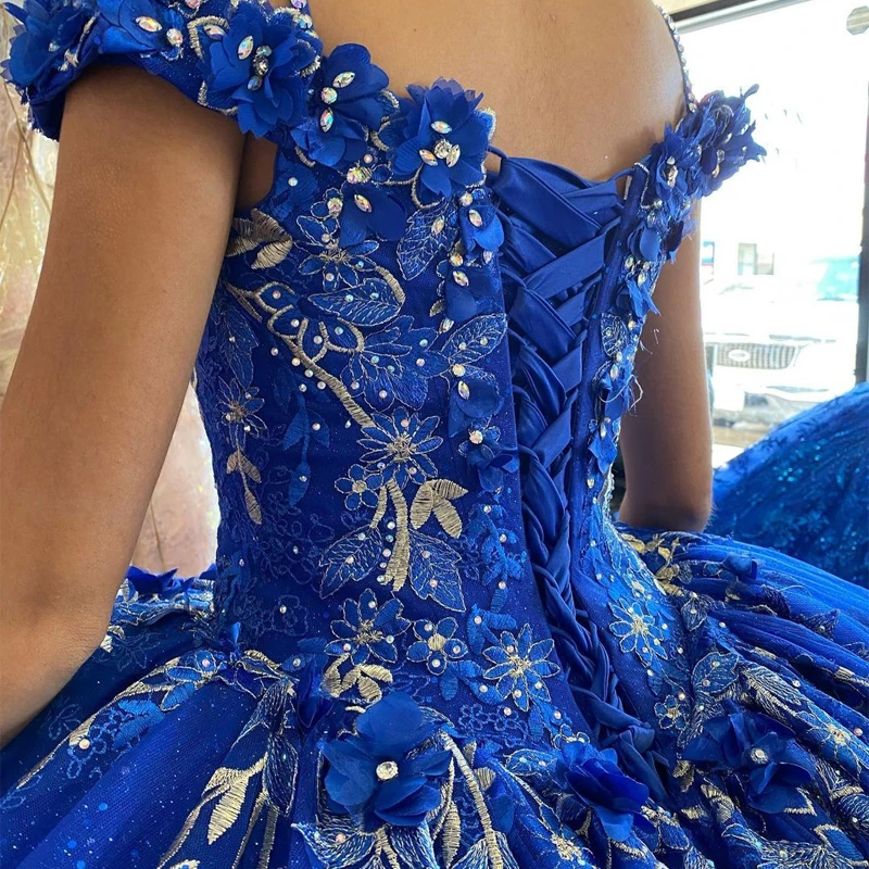 Robes de Quinceanera à paillettes bleu royal, robe de Rh, corset en cristal, fleurs faites à la main, Sweet 15 Party Wear, Off The Initiated