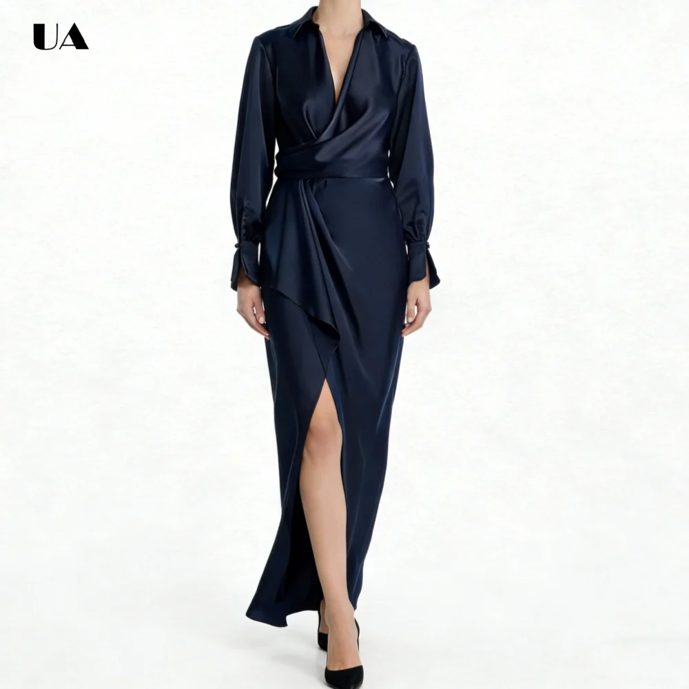 Fashionable Column Prom Dress with Turn-down Collar, Solid Long Sleeve Evening Dress with Button Detail, Customized Party Gown