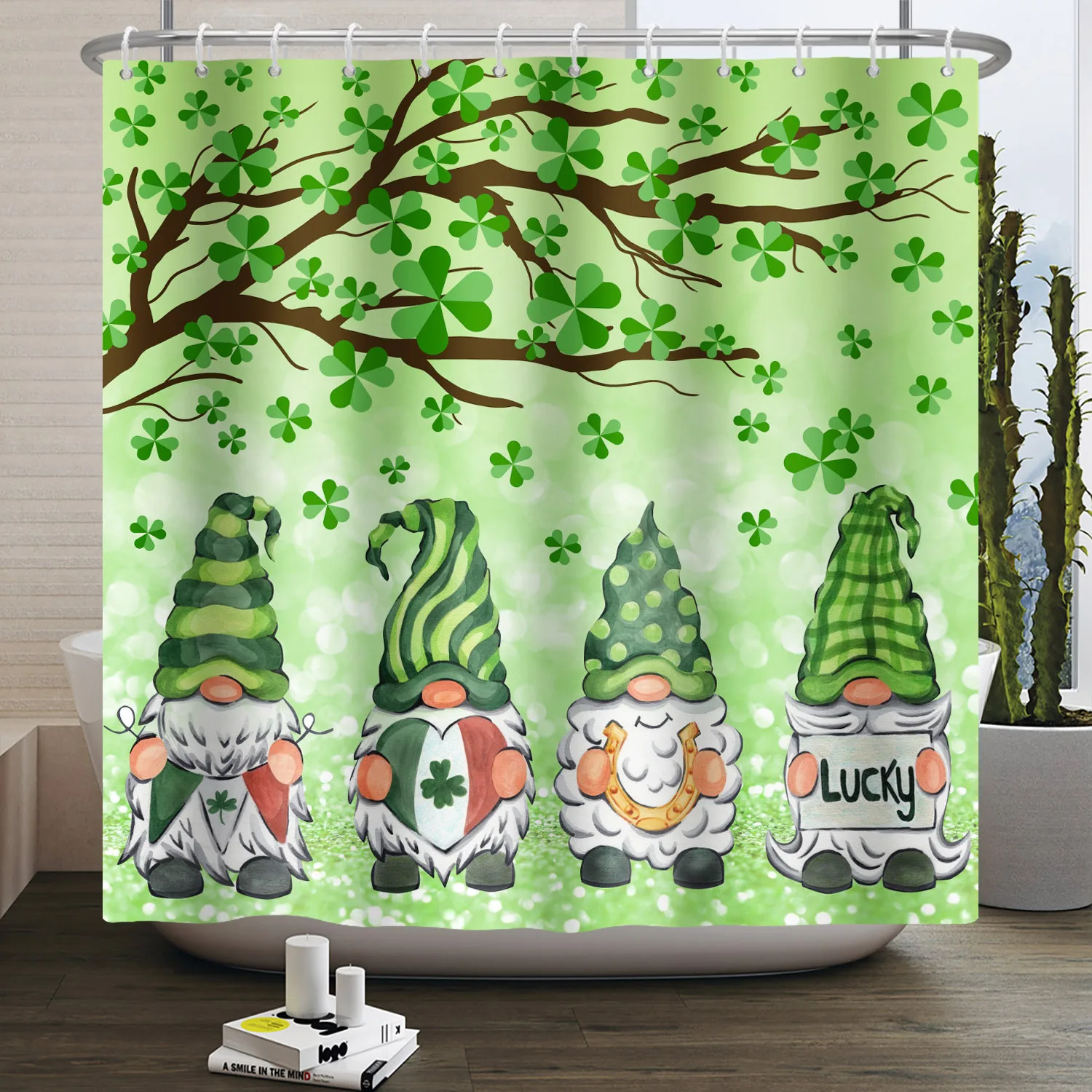 Saint Patrick's Day Shower Curtain Green Lucky Clover Natural Scenery Bathroom Partition Waterproof Hanging Curtain With Hooks