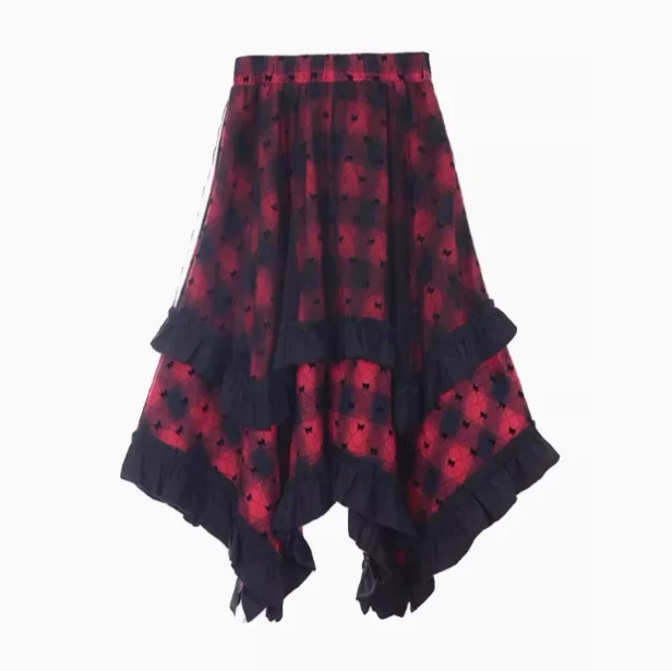 

Ruibbit High-quality Gothic Red Plaid Skirt Irregular Half Skirt Lace Patchwork A-LINE Ball Gown Pleated Skirt Hotsweet Y2k