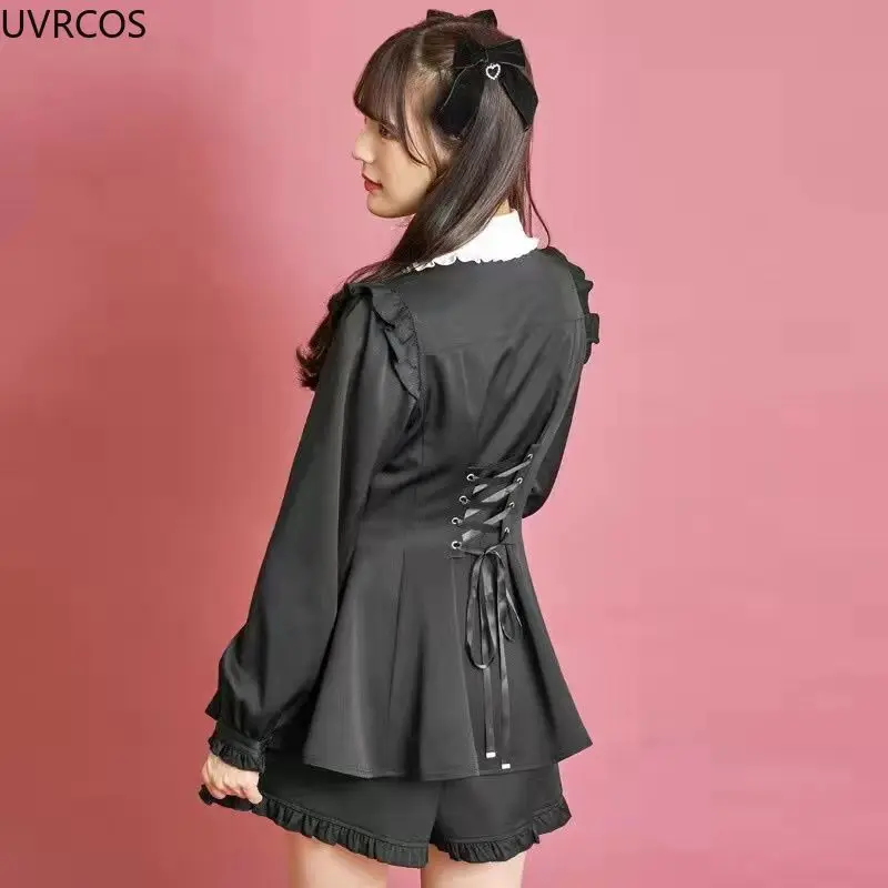 Japanese Gothic Lolita Dress Shorts Set Women Kawaii Bow Lace Short Sleeve Shirt Dress High Waist Rufffles Shorts Female Outfits