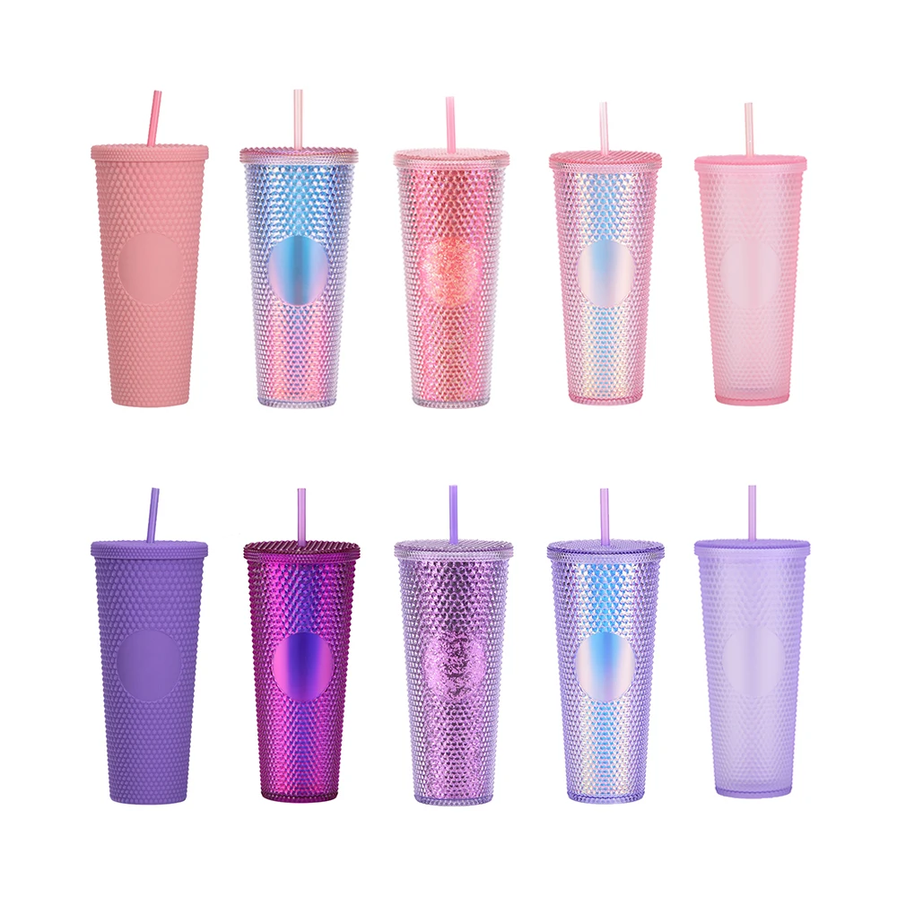 Double Wall 710ml 24oz Noctilucence Plastic Tumbler Bling Studded Straw Cold Cup With No Logo AB color