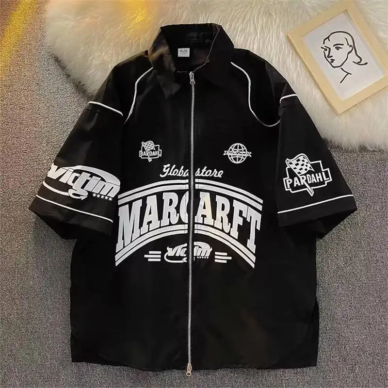 2026 Plus Size Men Short Sleeve Baseball Shirt, American Vintage Print Loose Thin Jacket Casual Versatile Summer Outerwear