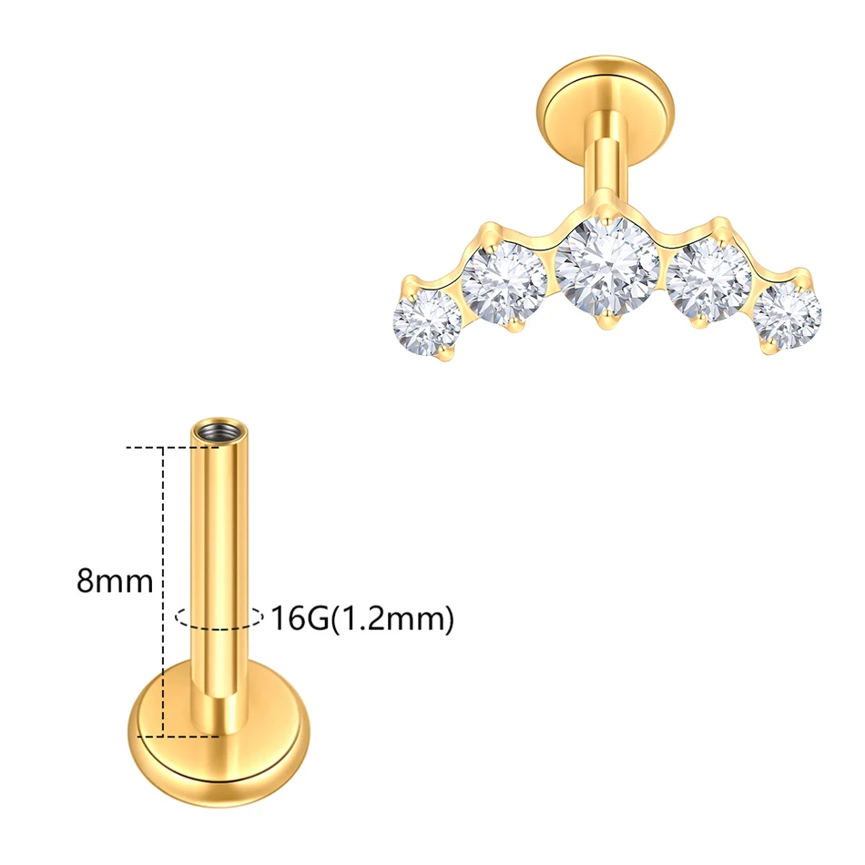  1pcs Titanium 5 Round CZ Helix Stud Earrings Flat Back Internally Threaded Cartilage Labret Piercing Body Jewelry