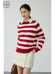 ZIQIAO Simple Style 100% Wool Retro Red and White Stripes Sweater Women 2022 Autumn Winter Cozy Wind Sweater Pullover Female