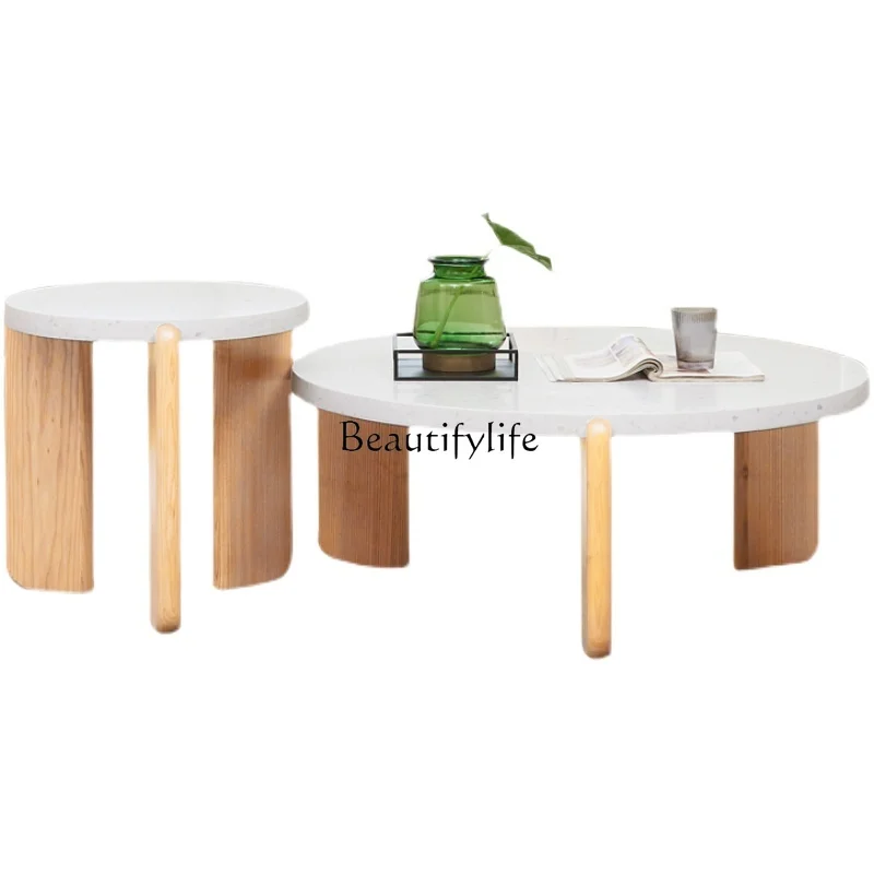 Nordic Modern Minimalist Solid Wood Living Room round Tea Table Silent Style Terrazzo Coffee Table