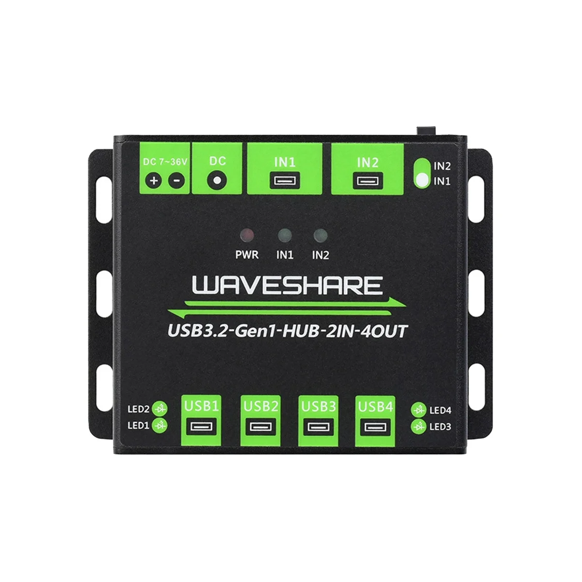 AT87-Waveshare Industrial 4-Way USB3.2 Gen 1 Hub 2IN-4OUT Dual Host Shared Random Switching Multiple Protection Circuit 5Gbps