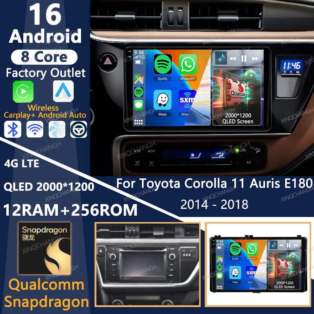 Android 16 Car Radio For Toyota Corolla 11 Auris E180 Hybrid 2014 - 2018 Multimedia Stereo Video Player QLED 2DIN 4G WIFI GPS BT